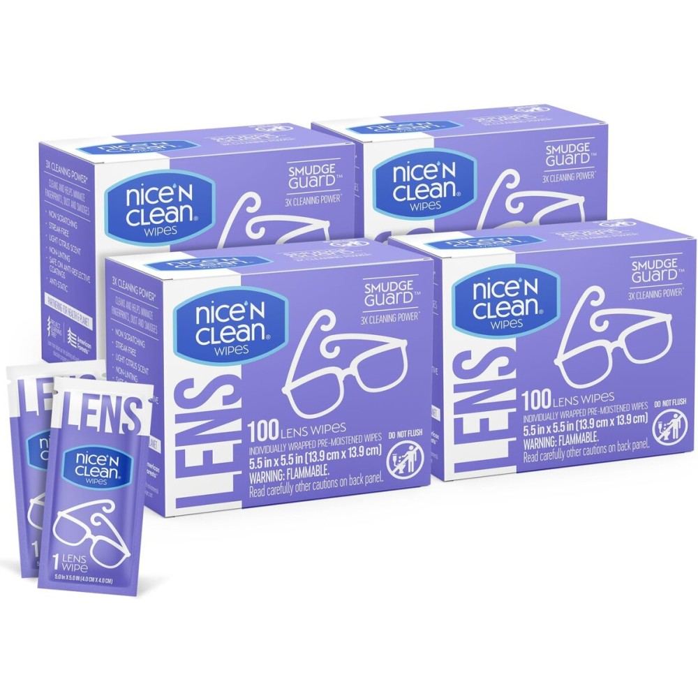 Nice \'N CLEAN SmudgeGuard Lens Wipes (400 Total Wipes) | Individually-Wrapped, Pre-Moistened, Ammonia-Free Lenses Wipes | Lens Cleaning Wipes for Eyeglasses, Camera Lens, Goggles, Sunglasses
