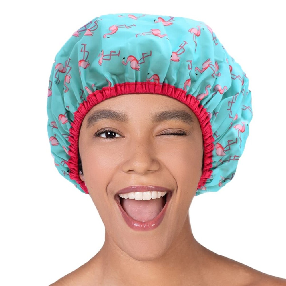 Reusable Shower & Bath Cap & Lined, Oversized Waterproof Shower Caps Large Designed for all Hair Lengths with PEVA Lining & Elastic Band Stretch Hem Hair Hat - Fashionista Flamingo Party