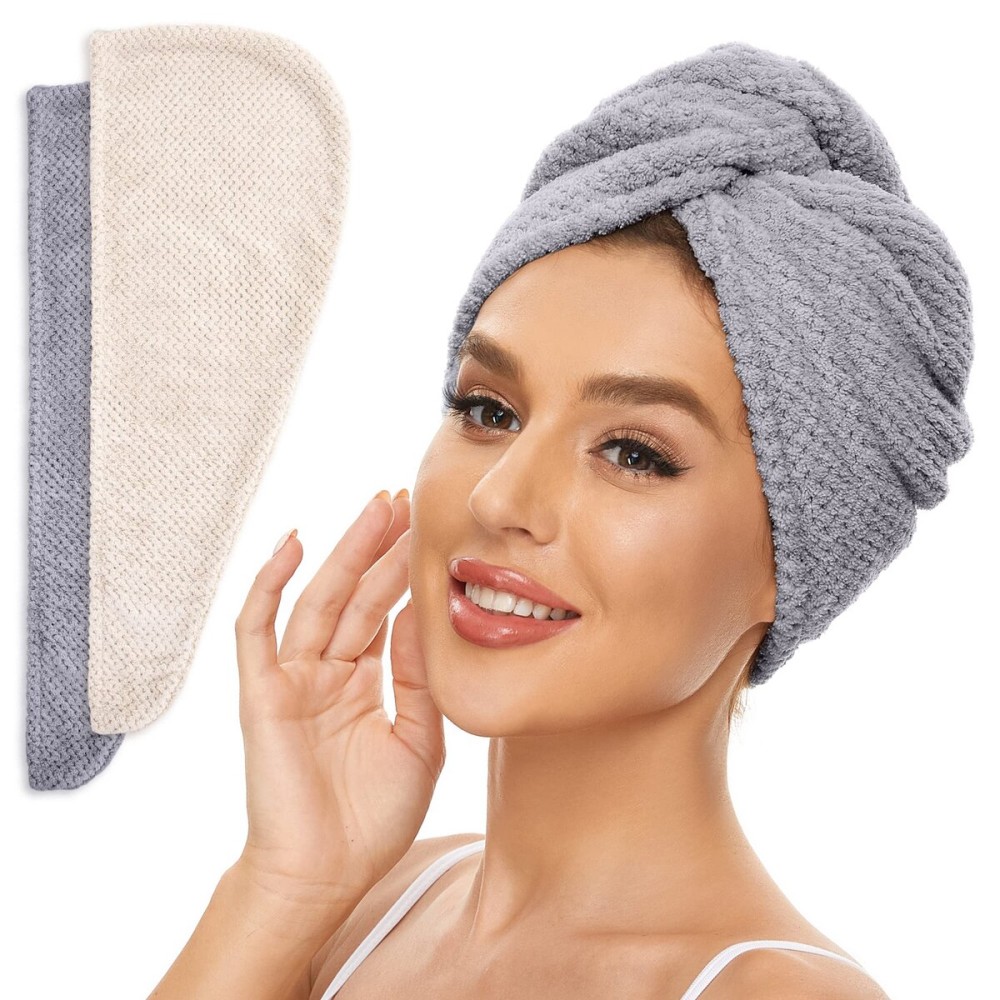SimpleField 2 Pack Microfiber Hair Towel Wrap for Women, Anti Frizz Quick Drying Hair Turban for All Hair Style, Absorbent and Lightweight (Beige + Grey)