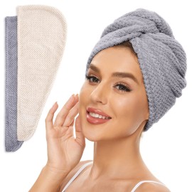 SimpleField 2 Pack Microfiber Hair Towel Wrap for Women, Anti Frizz Quick Drying Hair Turban for All Hair Style, Absorbent and Lightweight (Beige + Grey)