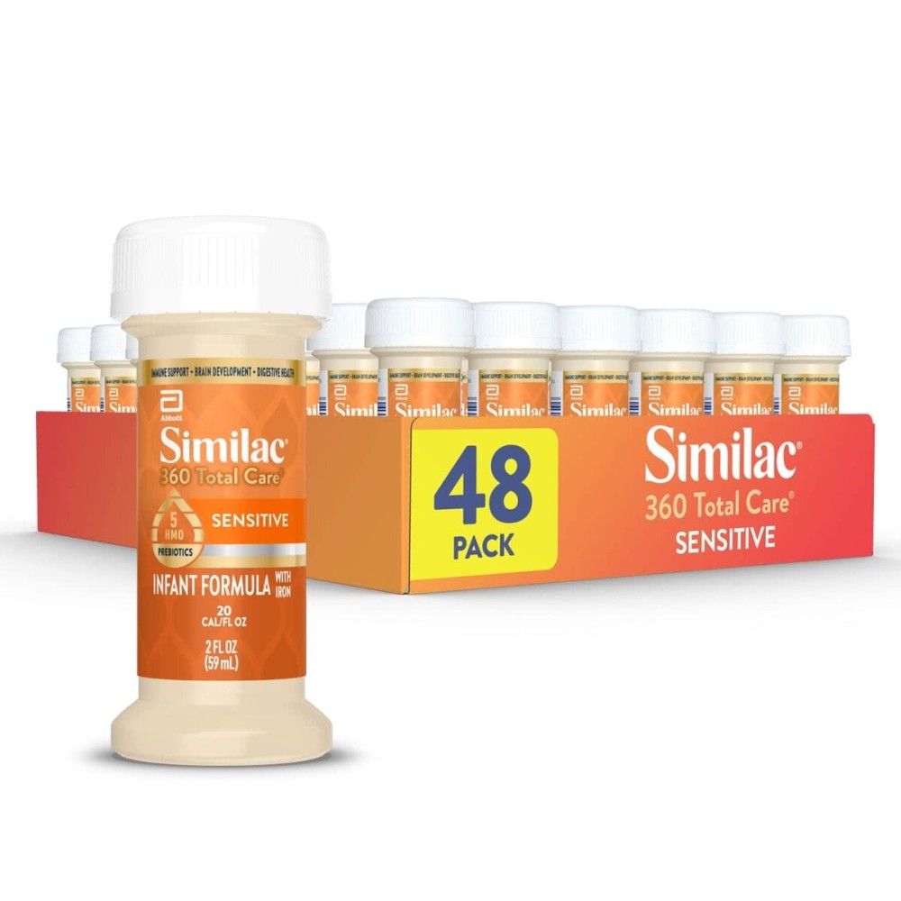 Similac 360 Total Care Sensitive Infant Formula for Fussiness & Gas Due to Lactose Sensitivity, Has 5 HMO Prebiotics, Baby Formula, Ready to Feed, 2-fl-oz Bottle, Pack of 48