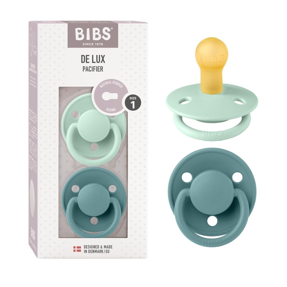 BIBS De Lux Baby Pacifier 2-Pack | Made in Denmark | BPA Free Dummy Soother, Round Nipple. Natural Rubber Latex, Size 1 (0-6 Months), Nordic Mint/Island Sea