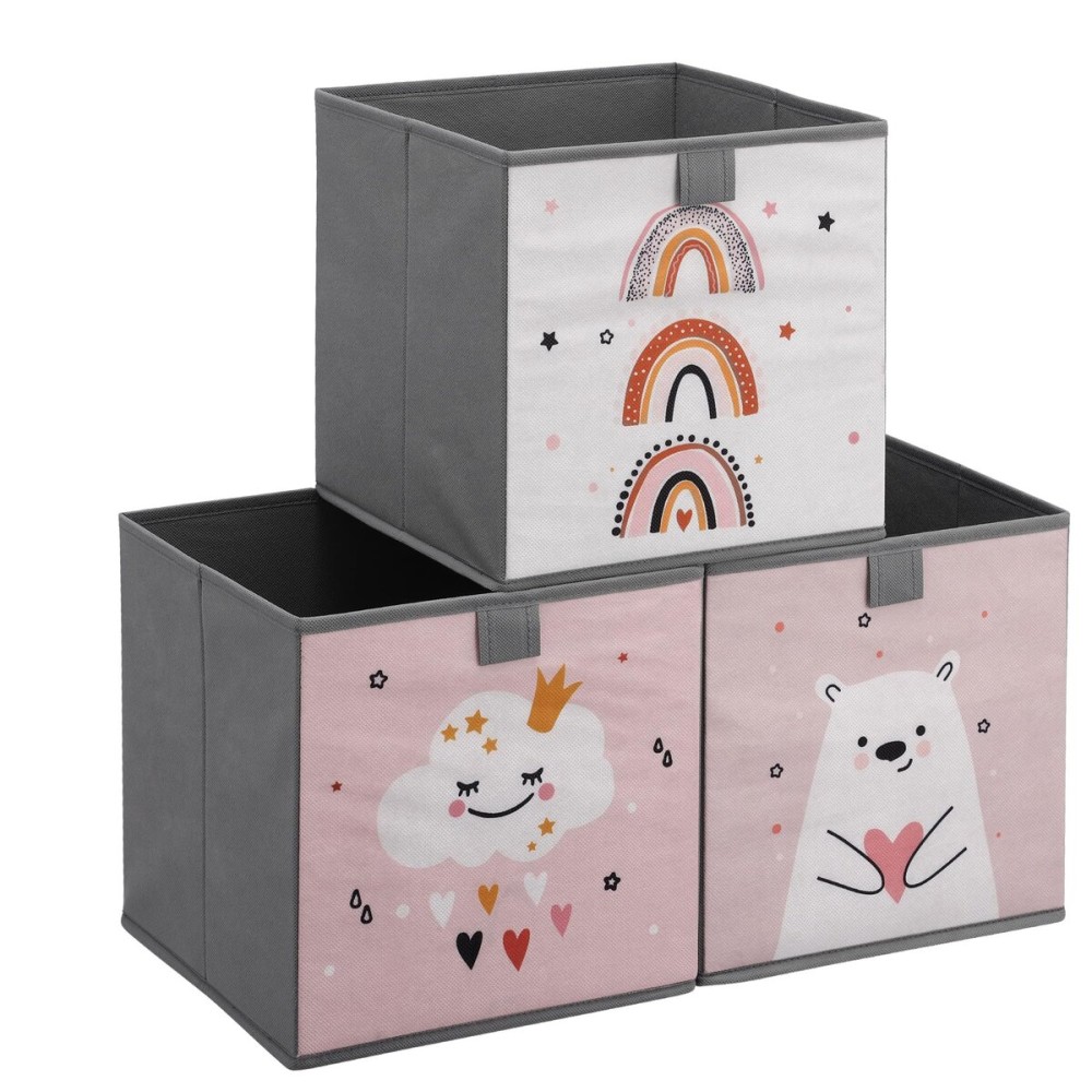 Navaris Kids Storage Cubes Set of 3 - Kids Cube Fabric Organizer Storage Bins - Foldable Cloth Cube for Childrens Bedroom Baby Nursery - Book Toy Bin Cubby Storage - Pink/White