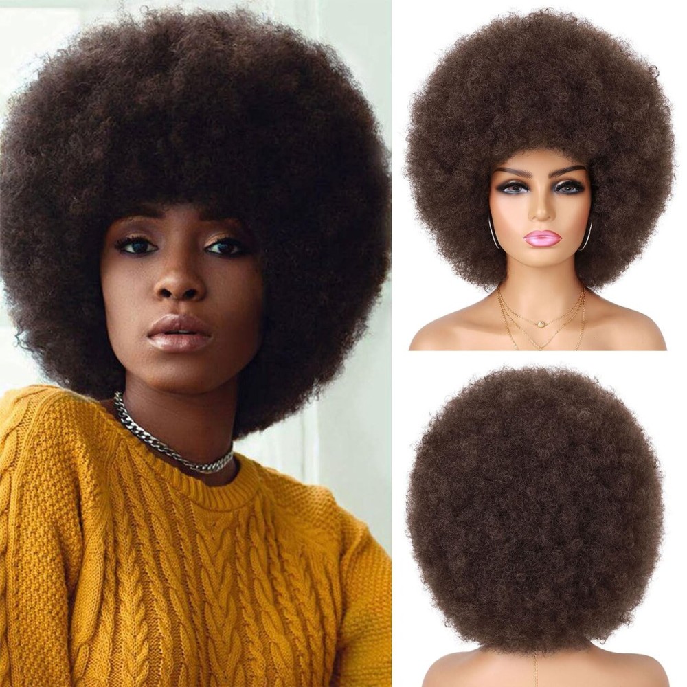 G&T Wig 70s Afro Brown Wigs for Black Women Short Kinky Curly Puff Wig for Costume Cosplay Party Wig Use