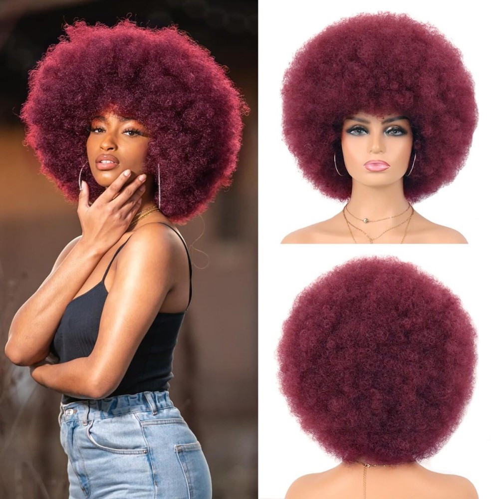 G&T Wig 70s Afro Wig Short Colored Afro Puff 70s Costume Cosplay Party Fun Wigs Short Fluffy Natural Looking Heat Resistant Wig (Wine Red)