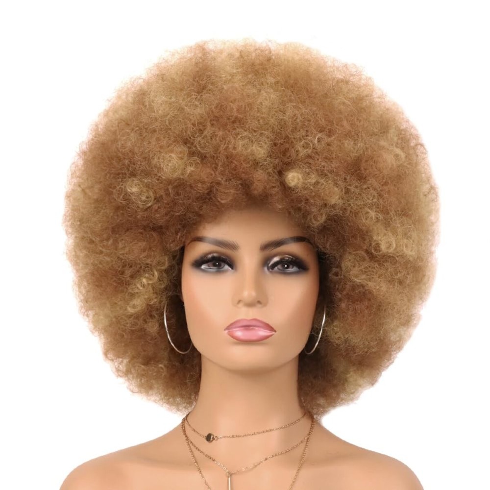 G&T Wig 70s Afro Wig Short Kinky Curly Colored Wigs for Women Mixed Blonde Large Bouncy and Soft Natural Looking Heat Resistant Synthetic Hair Wigs