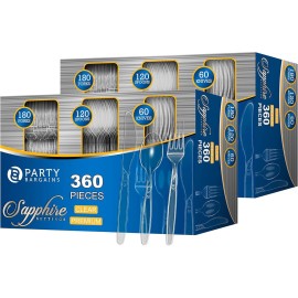 Party Bargains Disposable Cutlery set, Color: Clear Sapphire, Count: 720 Pcs: 120 Knives, 240 Spoons, 360 Forks