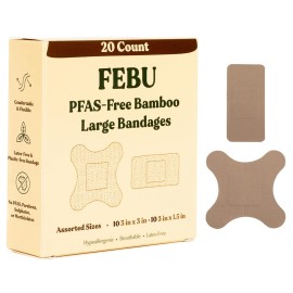FEBU Eco-Friendly Large Bamboo Bandages | PFAS Free Bandages for Scrapes & Cuts | Flexible Fabric Bandage | Fully Compostable, Latex Free Bandage | 20 Count Large