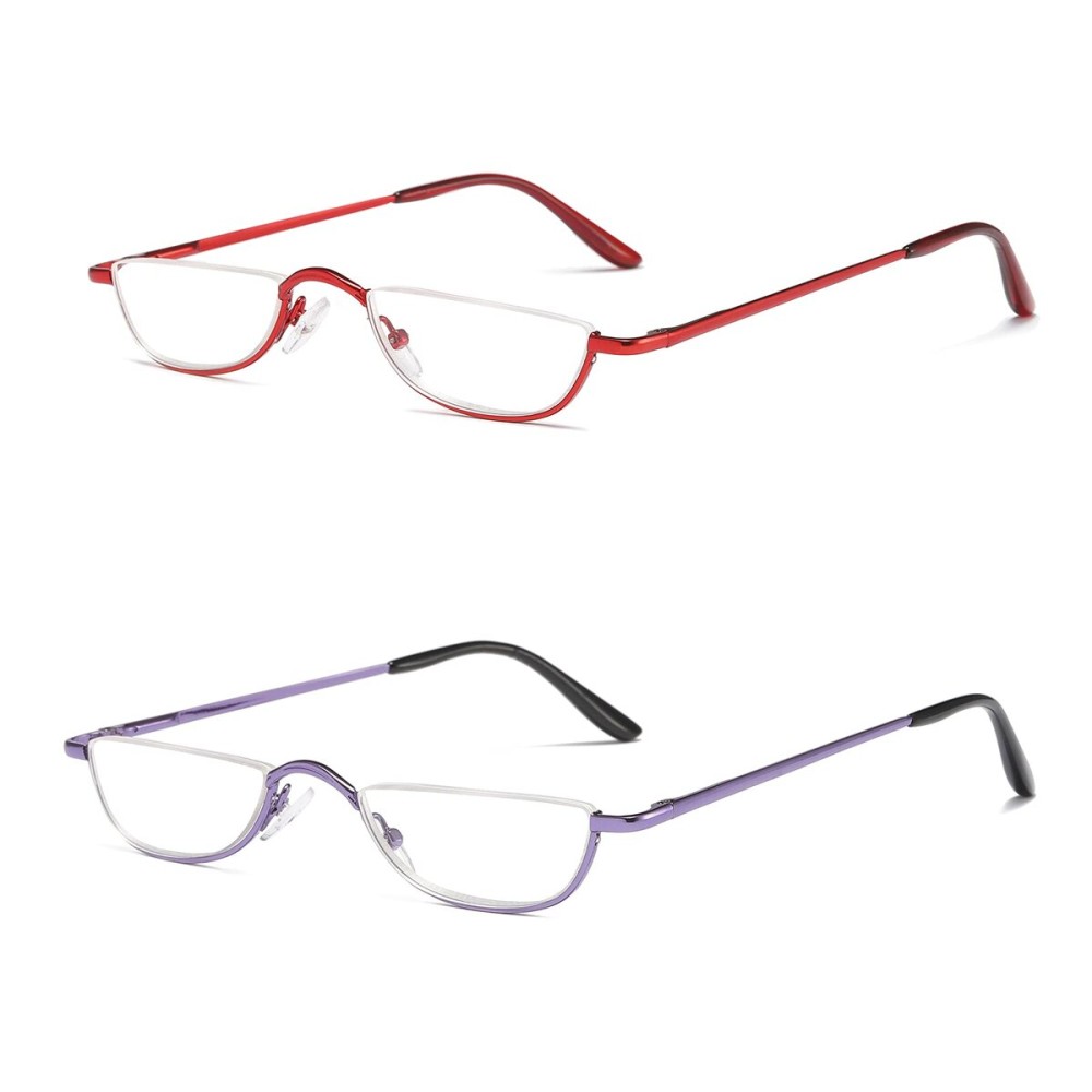 KoKoBin Half Reading Glasses - 2 Pairs Half Rim Metal Frame Glasses Spring Hinge Readers with Leather Pouch for Men and Women (Red+Purple, 2.00)