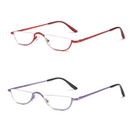 KoKoBin Half Reading Glasses - 2 Pairs Half Rim Metal Frame Glasses Spring Hinge Readers with Leather Pouch for Men and Women (Red+Purple, 2.00)