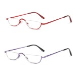 KoKoBin Half Reading Glasses - 2 Pairs Half Rim Metal Frame Glasses Spring Hinge Readers with Leather Pouch for Men and Women (Red+Purple, 3.50)