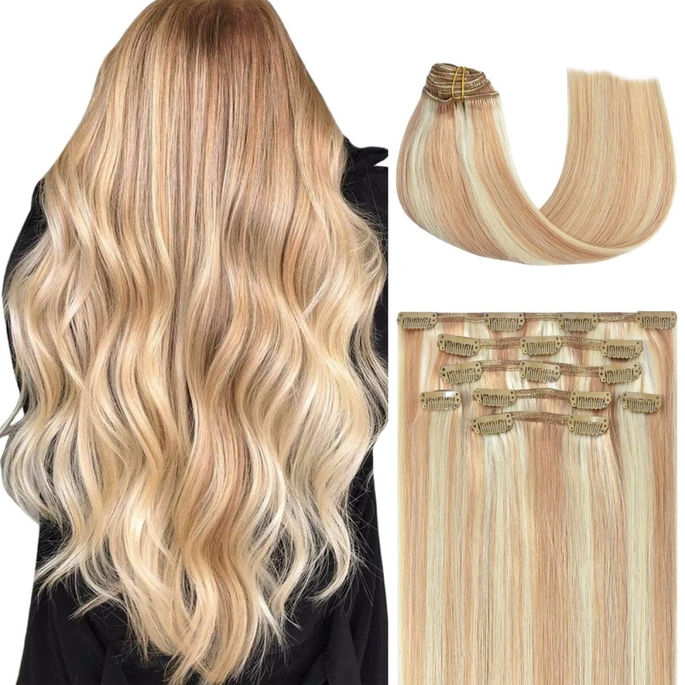 Honsoo Hair Extensions Strawberry Blonde to Bleach Blonde Highlights Balayage Clip in Hair Extensions Real Human Hair 70g 7pcs 15Inch