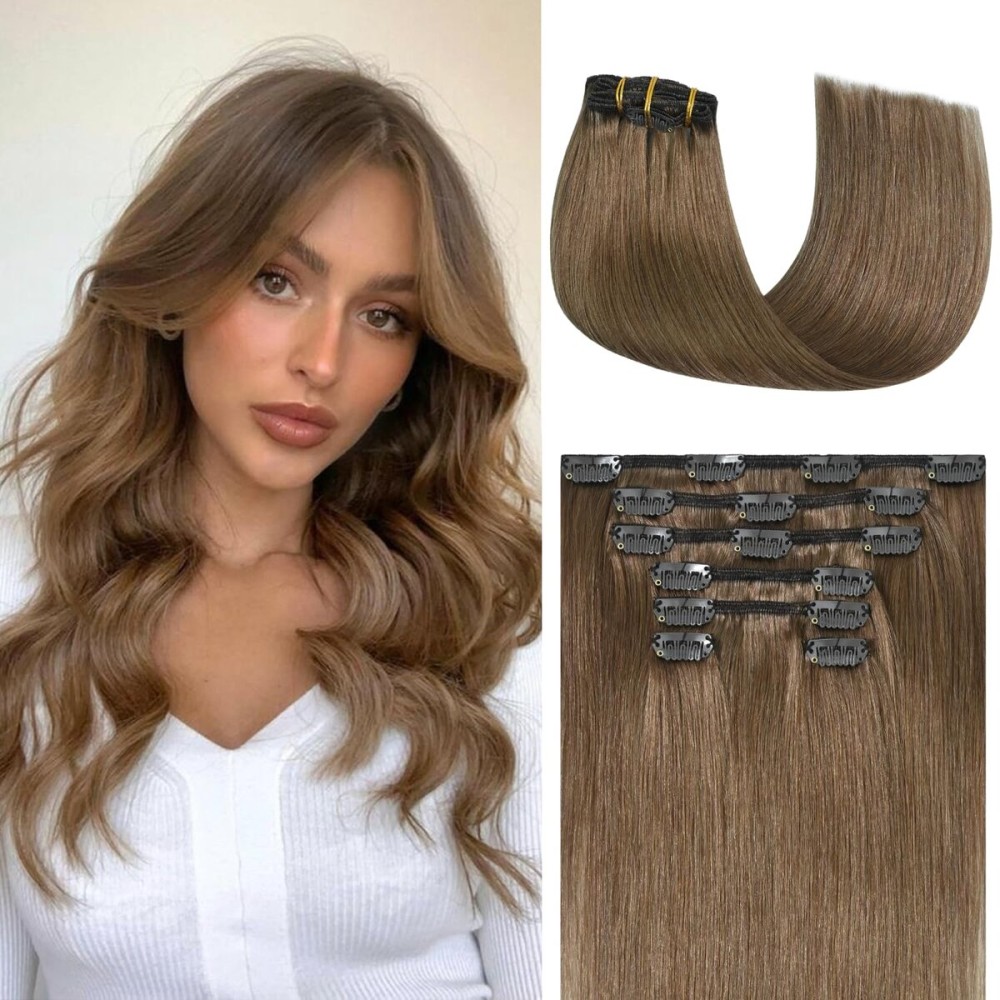 Honsoo Brown Clip in Human Hair Extensions Ash Brown Clip In Remy Hair Extensions 70g 7pcs 15Inch Silky Straight Virgin Hair For Full Head
