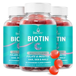 BeLive Biotin Gummies - Skin, Nails & Hair Vitamins with A, C, D, E, B12, Zinc, Folate & Inositol, Biotin Supplement for Anti-Aging, Energy & Collagen Boost, Multivitamin Gummies - Strawberry | 3-Pack