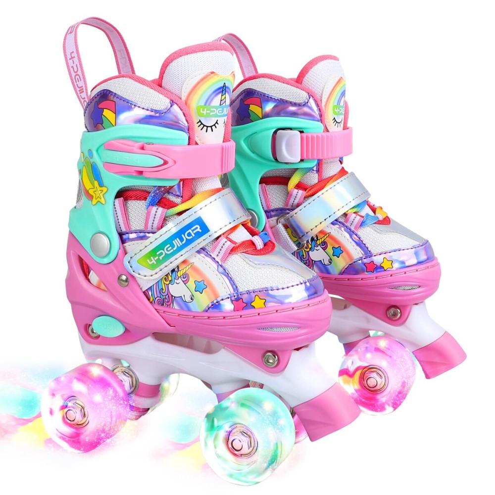 Rainbow Unicorn Kids Roller Skates for Girls Boys Toddler Ages 8-12,4-Pejiijar Adjustable Roller Shoes with Luminous Wheels for Birthday Xmas Gifts.