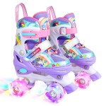 Rainbow Unicorn Kids Roller Skates for Girls Boys Toddler Ages 8-12,4-Pejiijar Adjustable Roller Shoes with Luminous Wheels for Birthday Xmas Gifts.