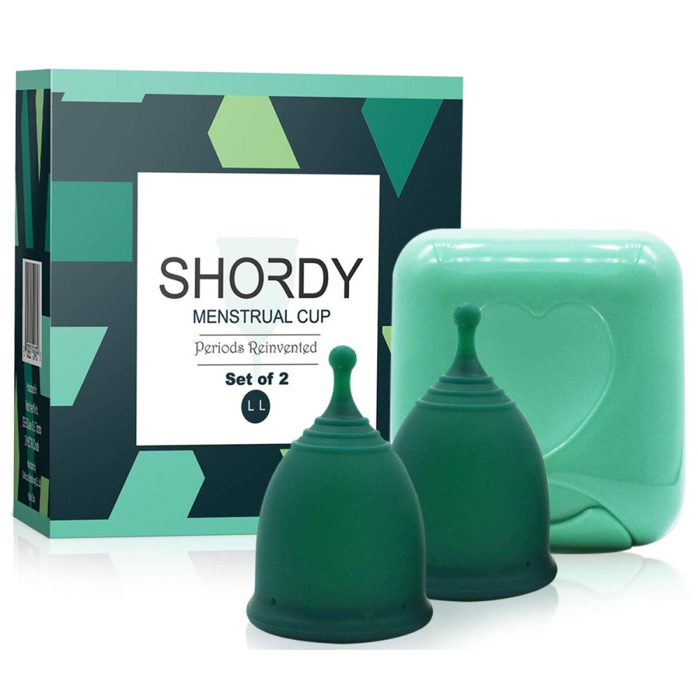 SHORDY Reusable Menstrual Cups (Large) Set of 2 with Mini Box, Medical Grade Silicone, Coupe Menstruelle, Safe Period Cup, Heavy Flow Kit, Feminine Hygiene, Tampons, Pads & Disc Alternative (Green)