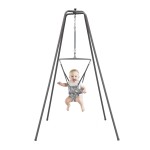 Jolly Jumper Elite (Grey Safari) Baby Exerciser - Sturdy Frame, 6 ft Tall Stand Baby Jumper, Indoor and Outdoor Exercise Saddle Seat, Adjustable Height, for Infants up to 28lbs