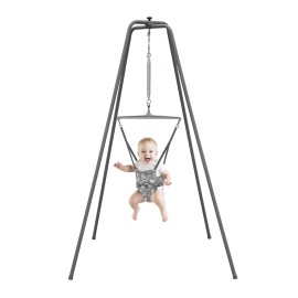 Jolly Jumper Elite (Grey Safari) Baby Exerciser - Sturdy Frame, 6 ft Tall Stand Baby Jumper, Indoor and Outdoor Exercise Saddle Seat, Adjustable Height, for Infants up to 28lbs