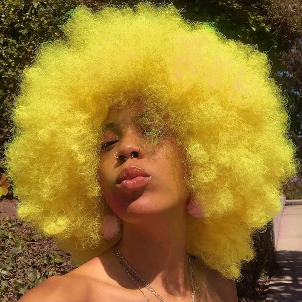 G&T Wig 70s Afro Curly Wigs for Women Yellow Short Kinky Curly Wig With Bangs Fluffy Soft and Natural Looking Funny Wigs for Costume Halloween Party (Yellow)