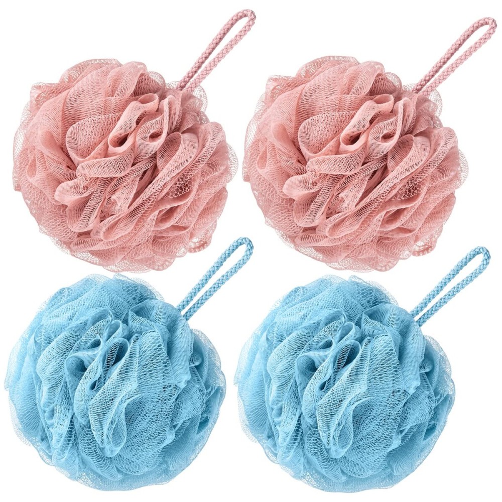VANZAVANZU Bath Loofah Large 80g Shower Sponge Body Scrubber Mesh Pouf for Men and Women, Set of 4 (Turquoise + Pink)