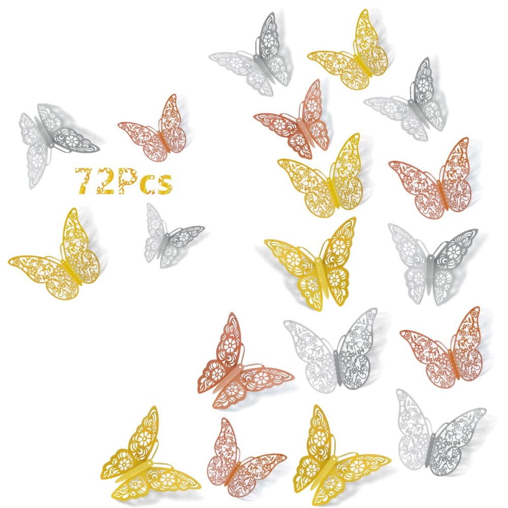 SAOROPEB 3D Butterfly Wall Decor, 72Pcs 3 Styles, Removable Butterfly Stickers, Rose Gold+Gold+Silver