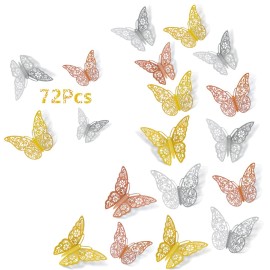 SAOROPEB 3D Butterfly Wall Decor, 72Pcs 3 Styles, Removable Butterfly Stickers, Rose Gold+Gold+Silver