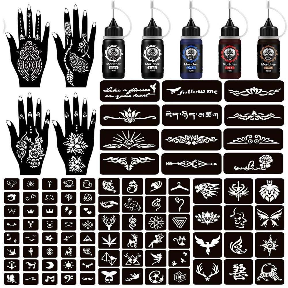 Moricher Henna tattoo kit Temporary Tattoo Kits 5 cones 96 Stencils Gifts for DIY Art Party