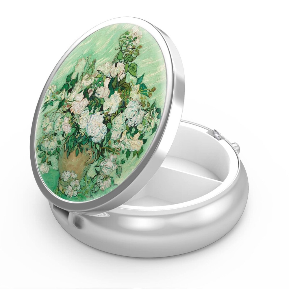 Pill Box 3 Compartment Small Pill Case,Portable for Pocket or Purse Pill Organizer Pill Container Holder to Hold Vitamins, Medication, Fish Oil and Supplements(Vase with Pink Roses)