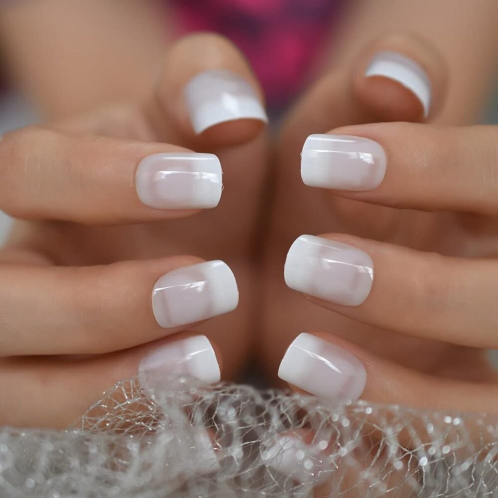 Coolnail Ombre Jelly White French Fake Nails Squoval Square UV False Press on Nails for Girl Full Cover Finger Wear Nail Art Tips