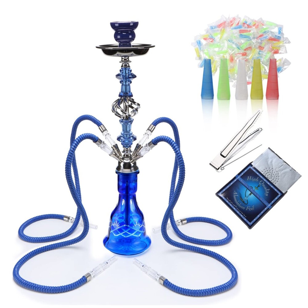 Hookah Set With Everything 4 Hose - GRENAOH 22 Premium Hookah Shisha set with Glass Vase, Ceramic Bowl and Coal Tongs Ashtray (4-blue)