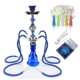Hookah Set With Everything 4 Hose - GRENAOH 22 Premium Hookah Shisha set with Glass Vase, Ceramic Bowl and Coal Tongs Ashtray (4-blue)