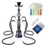 Hookah Set With Everything 4 Hose - GRENAOH 22 Premium Hookah Shisha set with Glass Vase, Ceramic Bowl and Coal Tongs Ashtray (4-black)