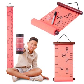 Growscroll Modern Kids Growth Chart for Wall - Unique Height Chart for Boys & Girls - Handcrafted Using Canvas & Hard Types of Wood - Makes A Great Collectible Or Family Heirloom - Coral