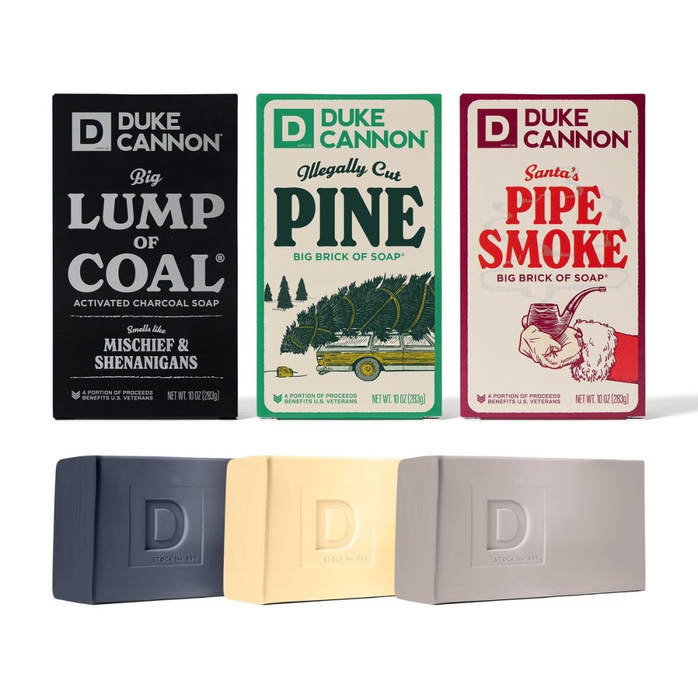 Duke Cannon Supply Co. Big Brick of Soap Bar For Men - Lump of Coal, Illegally Cut Pine & Peppermint Bark, Holiday Variety 3 Pack, 10 oz. Bar Soaps