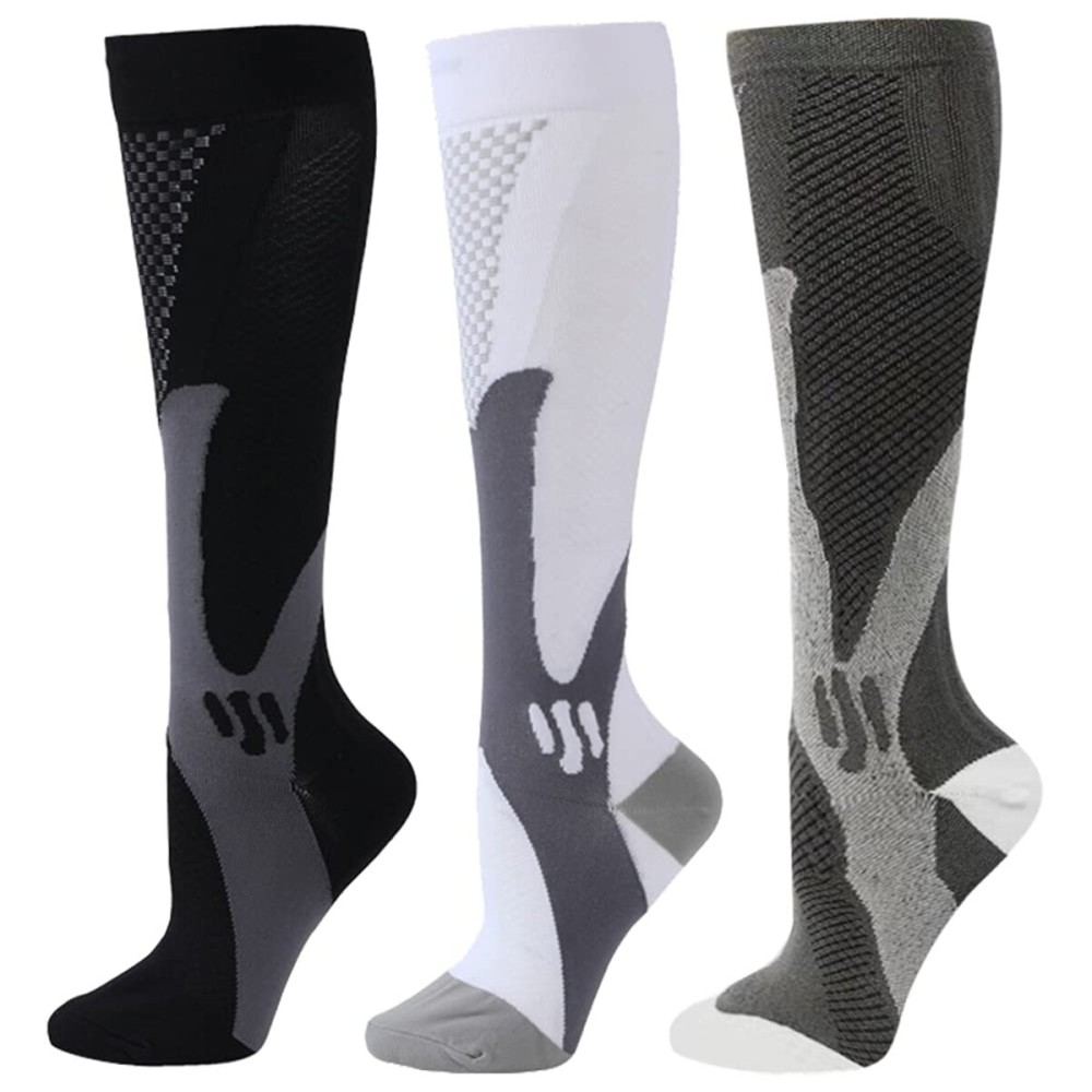 ZFiSt 3 Pair Sport Compression Socks Men Women, Compression Stocking Nurse Socks for Edema Travel(Black+white+grey,XXL)