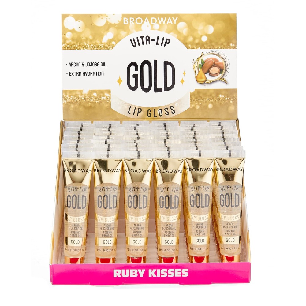 Ruby Kisses Broadway Vita-Lip Clear Lip Gloss (Gold 48 Pack), Ultra-Hydrating & Soothing Formula with Vitamin Oils, High-Shine Non-Sticky Finish, Glitter Lip Balm with Argan Jojoba Rosehip & Mint Oil