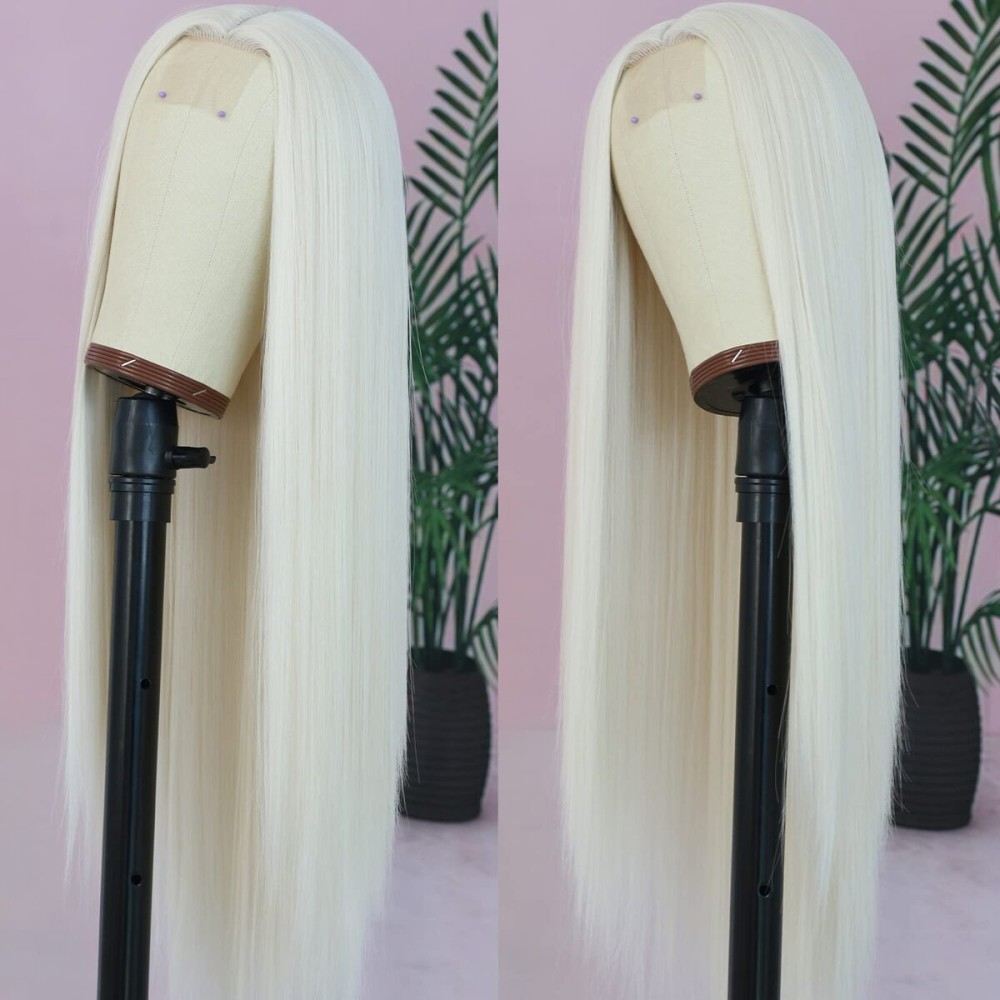 ANDRIA Platinum Blonde Wig with Little Lace on Frontal Long Straight Wig with Natural Hairline Glueless Wig Synthetic Heat Resistant Fiber Hair Wigs for Women 26 Inch