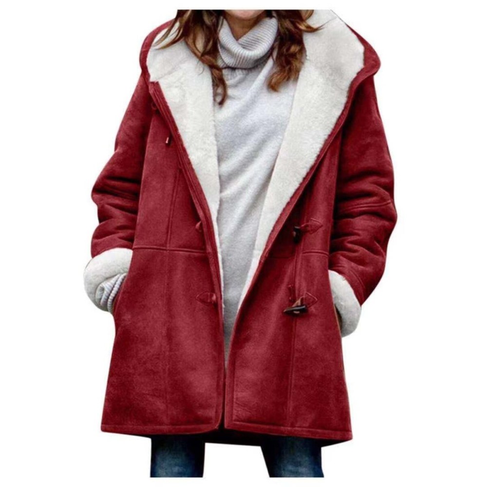 AI\'MOURI Windproof Sherpa Lined Outerwear for Women Winter,Fleece Hooded Overcoat with Pockets, Warm and Thicken Parka Jacket S-2XL Outdoor (Wine Red, S)