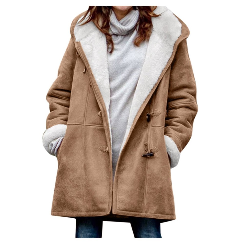 AI\'MOURI Windproof Sherpa Lined Outerwear for Women Winter,Fleece Hooded Overcoat with Pockets, Warm and Thicken Parka Jacket S-2XL Outdoor (Khaki, L)