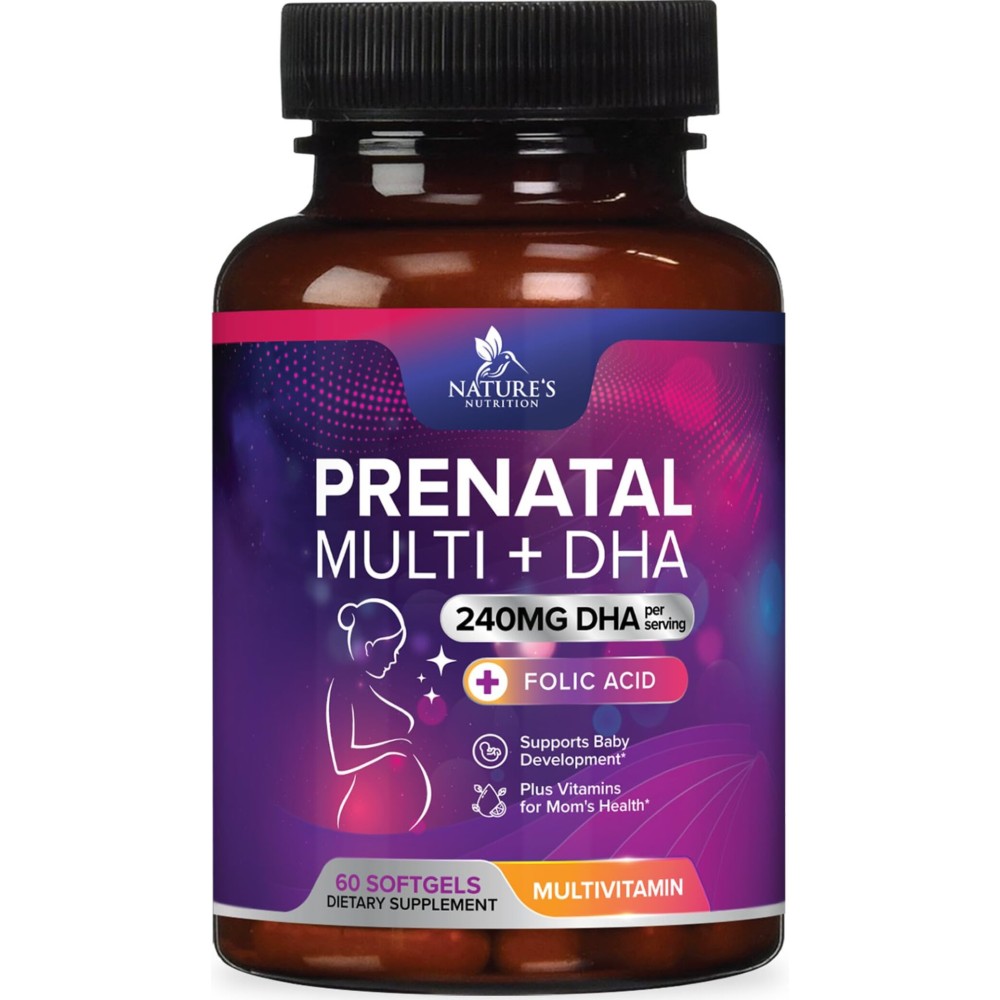 Prenatal Vitamins with Folic Acid & DHA, Fetal Brain Development Support with Folate & Omega 3\'s, Prenatal Multivitamin for Women, Vitamin A, C, D, B6, B12 & Iron, Pregnancy Supplement - 60 Softgels