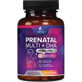 Prenatal Vitamins with Folic Acid & DHA, Fetal Brain Development Support with Folate & Omega 3\'s, Prenatal Multivitamin for Women, Vitamin A, C, D, B6, B12 & Iron, Pregnancy Supplement - 60 Softgels