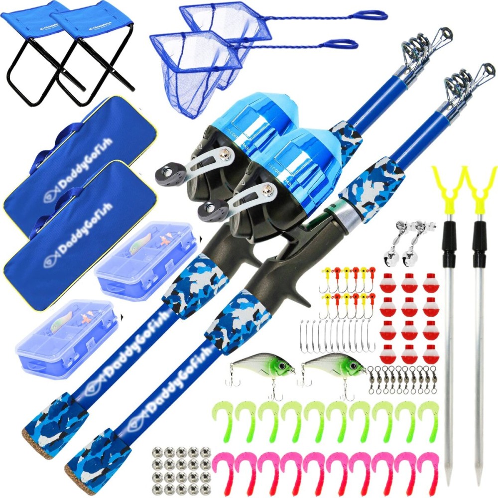 DaddyGoFish Kids Fishing Pole - Rod Reel Combo Tackle Box Starter Set - First Year Small Dock Gear Kit for Boys Girls Toddler Youth Age Beginner Little Children Junior Anglers (2 Pack Blue + Blue 5ft)