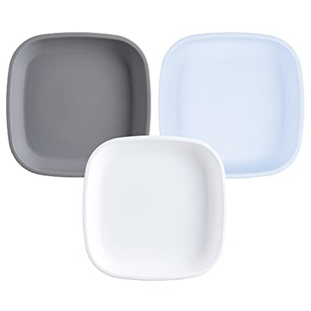 Re-Play Toddler Plates - 22 Oz. Deep-Walled Flat Kids Plates - Dishwasher & Microwave Safe - Made in USA - Set of 3-7.37 x 7.37 x 1.25 - Glacier