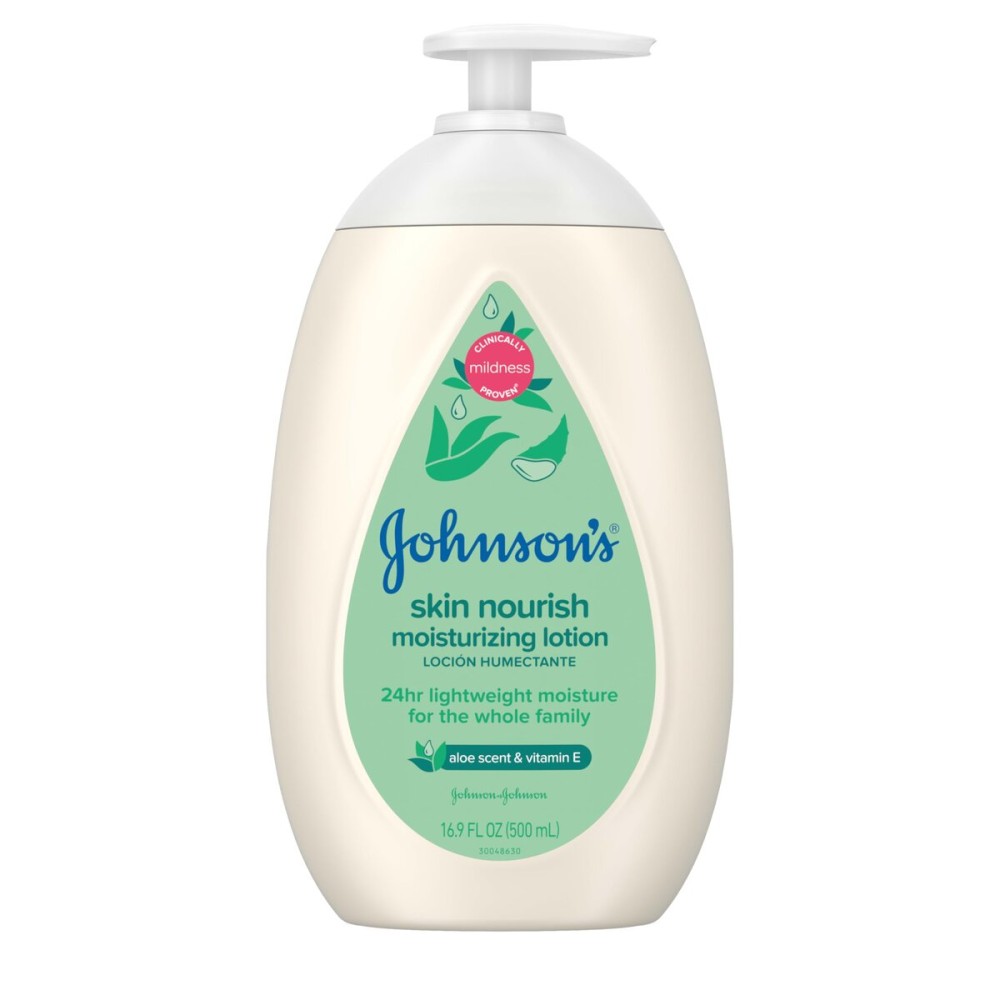 Johnson\'s Skin Nourish Moisturizing Baby Lotion with Aloe Vera Scent & Vitamin E, Gentle & Lightweight Body Lotion for The Whole Family, Hypoallergenic, Dye-Free, 16.9 fl. oz