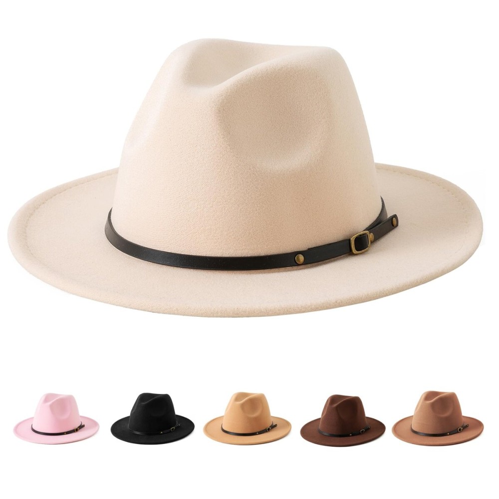 Jastore Kids Girls Boys Classic Wide Brim Bowknot Floppy Fedora Hat Wool Felt Bowler Cap (C-Beige, 5-10 Years)