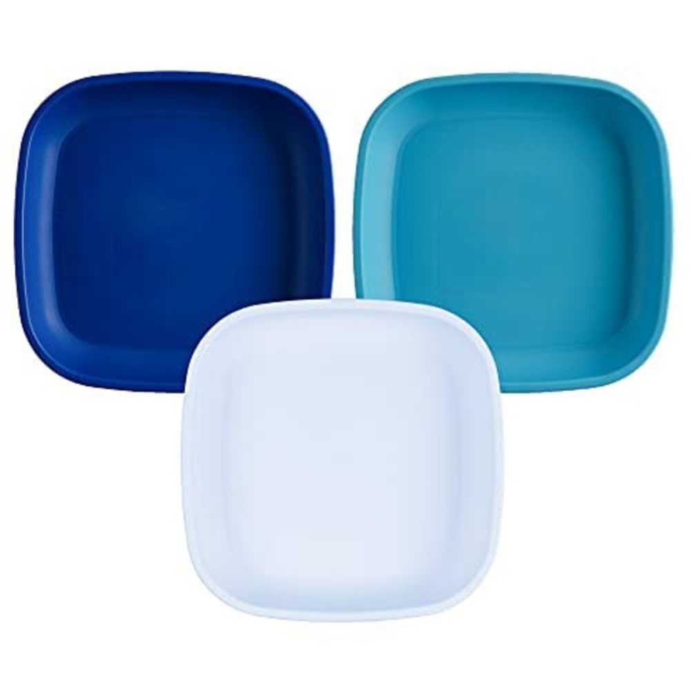 Re-Play Toddler Plates - 22 Oz. Deep-Walled Flat Kids Plates - Dishwasher & Microwave Safe - Made in USA - Set of 3-7.37 x 7.37 x 1.25 - Bluesy