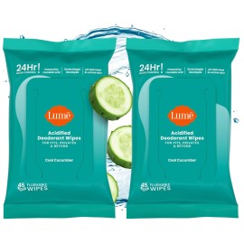 Lume Acidified Deodorant Wipes - 24 Hour Odor Control - Aluminum Free, Baking Soda Free, Skin Loving - 45 Count (Pack of 2) (Cool Cucumber)