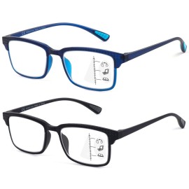 CARA 2 Pack Progressive Multifocus Reading Glasses, Flexible Lightweight TR90 Frame Blue Light Blocking Computer Readers, Workspace for Near Range (C1, 2.00)