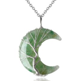 MAIBAOTA Green Aventurine Necklace Healing Crystal Stones Tree Life Wire Wrapped Crescent Moon Phase Pendant Necklace Mothers Day Gifts for Mom Gemstone Witch Jewelry Gifts for Women